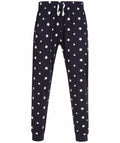 The SFM86 pajama pants by Skinnifit are black with a white star pattern and feature an elastic waistband complete with a white drawstring.