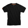 A Scruffs SH001 plain black t-shirt, featuring an orange tag on the left sleeve, is lying flat on a white background.