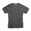 A Scruffs SH001 plain gray T-shirt with short sleeves, displayed flat against a white background, featuring a small orange tag on the left sleeve and an orange inner neckline detail.