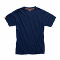 A plain navy blue T-shirt from Scruffs, featuring a round neckline and short sleeves, displayed on a white background.