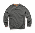 Introducing the Scruffs SH002: a dark green crewneck sweatshirt featuring long sleeves, two side pockets, and accented with orange tags.