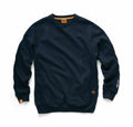 Scruffs' SH002 sweatshirt features a navy blue crew neck design with orange tags and subtle stitching details on the sleeves and hem.