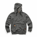 The SH003 hoodie by Scruffs, in dark gray, features a drawstring hood and front pocket. It includes an orange tag detail on both the pocket and sleeve when laid flat.