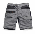 Scruffs SH034 work shorts in gray, featuring multiple pockets, black accents, and an orange tag.