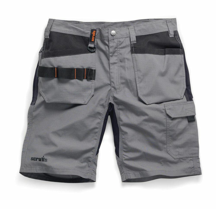 Scruffs SH034 work shorts in gray, featuring multiple pockets, black accents, and an orange tag.