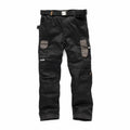 Scruffs SH072 work pants come in black and include multiple pockets, reinforced knees, adjustable waist straps, and a small logo on the side.