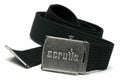 A black woven belt with a metallic buckle featuring the word "Scruffs," from the SH080 collection.