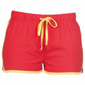 The Skinnifit SK069 shorts feature a red design with yellow trim and a yellow drawstring waistband, set against a plain white background.