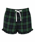 Skinnifit SK082 shorts featuring a green and blue plaid pattern, ruffled design, and a white drawstring.