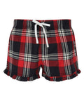 Introducing the SK082 by Skinnifit: these plaid shorts feature a red and black pattern, complemented with a white drawstring and stylish ruffled hems.
