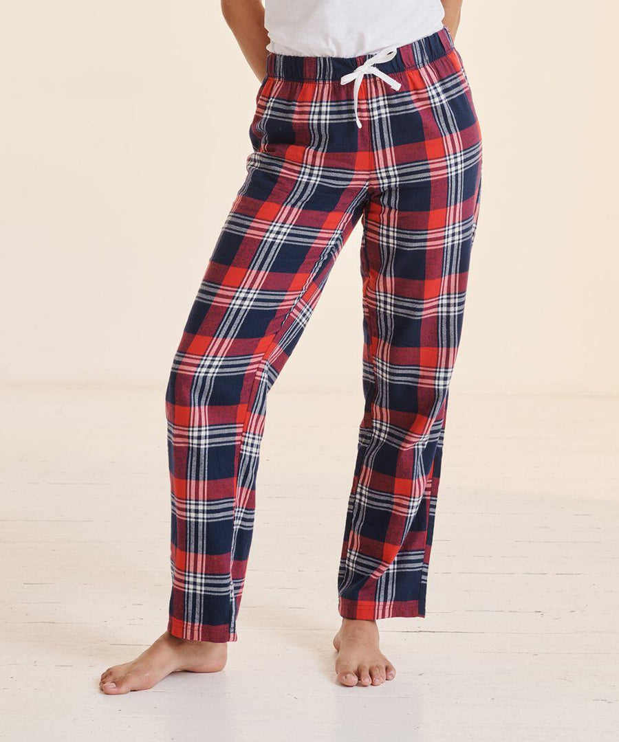 Person wearing SF SK083 red, white, and blue plaid pajama pants with a white drawstring, standing on a light-colored wooden floor.
