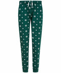 Skinnifit SK085 pajama pants featuring a green color with white snowflake pattern and a drawstring waist.