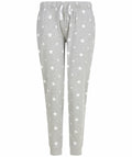 The SK085 from Skinnifit are gray sweatpants adorned with white star patterns, complete with an elastic waistband and drawstring.