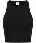 Skinnifit SK106, a black sleeveless crop top with a high neckline, displayed against a plain white background.