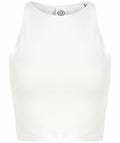 Skinnifit's SK106 is a white cropped tank top, featuring a sleeveless design and displayed against a plain background.