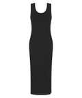 A sleeveless black ankle-length dress with a scoop neckline and slim, fitted silhouette is displayed on a plain white background.