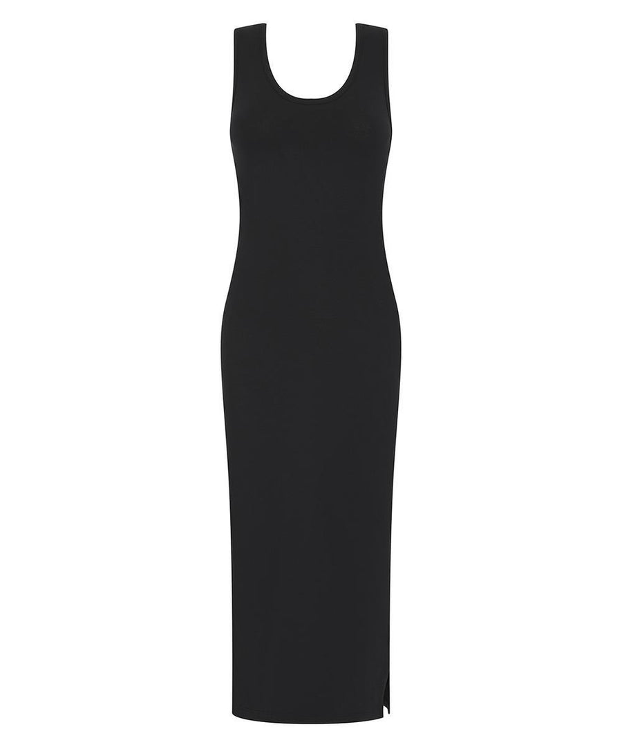 A sleeveless black ankle-length dress with a scoop neckline and slim, fitted silhouette is displayed on a plain white background.
