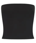 The Vests (vest) is a plain black tube top featuring a straight neckline, strapless design, stretchy fitted fabric, and a simple seamless look.