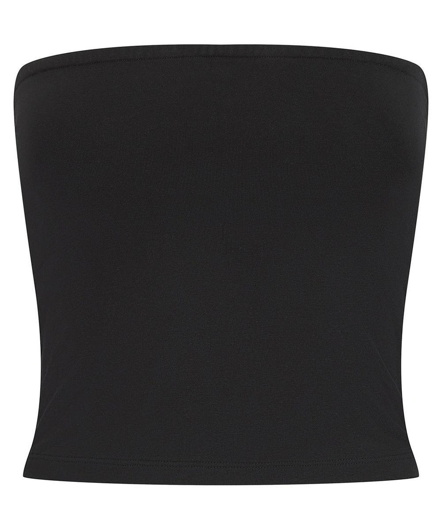 The Vests (vest) is a plain black tube top featuring a straight neckline, strapless design, stretchy fitted fabric, and a simple seamless look.