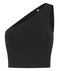 A black vest (t-shirt) featuring a sleeveless, one-shoulder design with a diagonal neckline, shown against a white background.