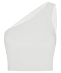 A fitted, sleeveless, one-shoulder white vest (T-shirt) crop top is displayed on a white background. The stretchy, smooth fabric gives it a sleek silhouette.