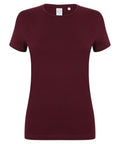 A plain, short-sleeved maroon t-shirt from Skinnifit, model SK121, displayed against a white background. It features a round neckline and a fitted silhouette with a small white tag visible at the back of the neck.