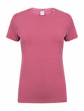 Displayed against a white background is Skinnifit's SK121, a pink short-sleeve T-shirt featuring a round neckline and a simple design, free of logos or patterns.