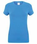 Displayed against a white background is the SK121 by Skinnifit, featuring a plain blue design with short sleeves and a round neckline, embodying simplicity and classic style.