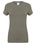 The SK121 by Skinnifit is a plain olive green t-shirt featuring short sleeves and a round neckline, showcased against a white background. The t-shirt is designed for a snug fit and appears to be crafted from soft fabric.