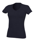 SK122 from Skinnifit: A black V-neck fitted T-shirt set against a plain white background.