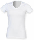 The Skinnifit SK122 is showcased as a plain white, short-sleeved, V-neck T-shirt against a white background.
