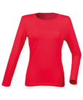 A plain red, long-sleeve crew neck T-shirt by Skinnifit (Product Name: SK124) displayed on a white background.