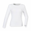 The product is a white, long-sleeved women's shirt with a round neckline, featured on a white background in a front-facing view. The shirt is identified as SK124 from the brand Skinnifit.