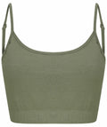 The SK230 from Skinnifit is an olive green cropped tank top featuring thin adjustable straps and a straight neckline. Its fabric is soft and stretchy, making it ideal for casual wear.
