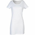 The SK257 by Skinnifit is a white t-shirt dress featuring short sleeves and a round neckline.