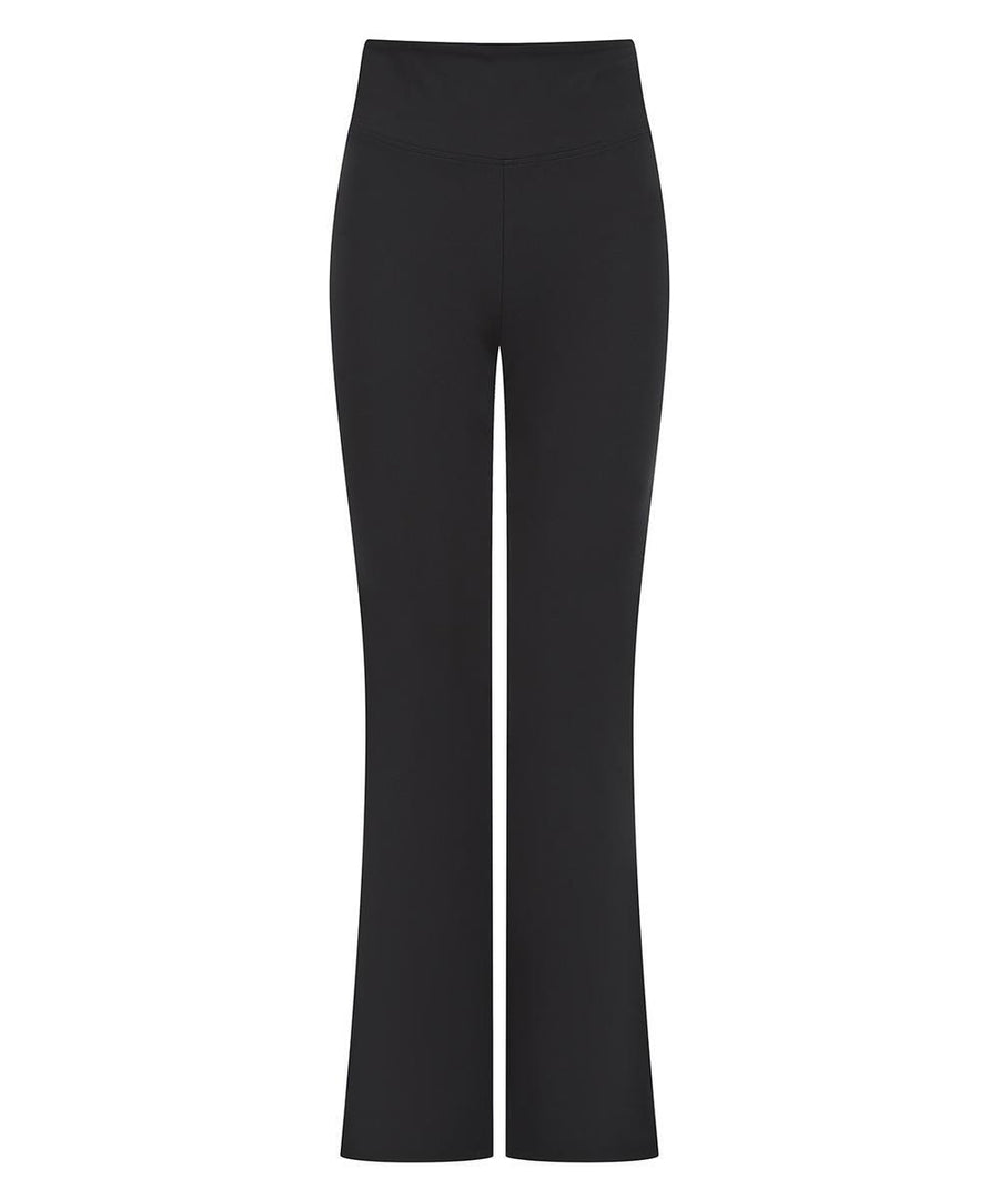 A pair of high-waisted, black leggings displayed against a white background.
