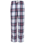 The SM083 by SF Minni are plaid pajama pants featuring a white, pink, and black pattern with an elastic waistband and white drawstring.