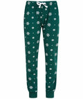 SF Minni's SM085 features green pajama pants with a white snowflake pattern and a coordinating white drawstring.