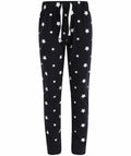 The product SM085 from SF Minni is a pair of black pajama pants featuring white star patterns and a white drawstring on the waistband.