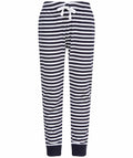 SF Minni's SM085 joggers feature a navy and white striped design, complemented by a drawstring waist and ribbed cuffs.