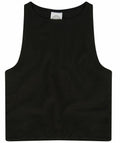 A sleek black sleeveless crop top with a high neck from SF Minni's SM106 collection, laid flat against a plain background.