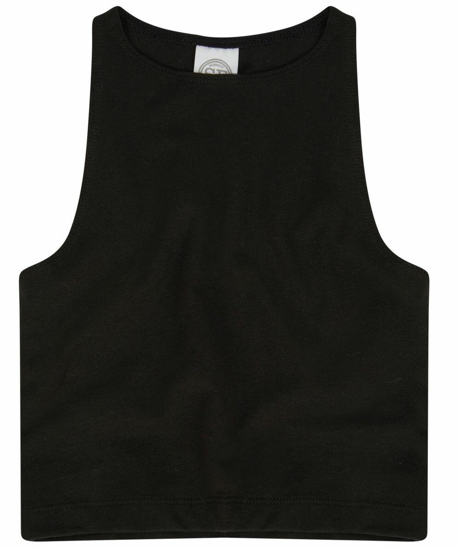 A sleek black sleeveless crop top with a high neck from SF Minni's SM106 collection, laid flat against a plain background.