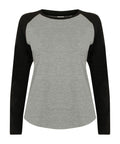 The Skinnifit SM271 is a baseball-style shirt featuring a gray body with black long sleeves.