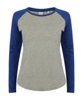 Skinnifit SM271 long-sleeve raglan shirt in gray and blue displayed on a white background.