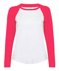 The SM271 by Skinnifit is a long-sleeve raglan shirt featuring red sleeves and a white body.