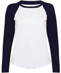 Introducing the SM271 by Skinnifit: a stylish long-sleeve raglan tee with a white body and navy blue sleeves and collar, perfect for a casual and sporty look.