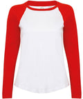The Skinnifit SM271 is a baseball-style shirt featuring long red sleeves and a white body.