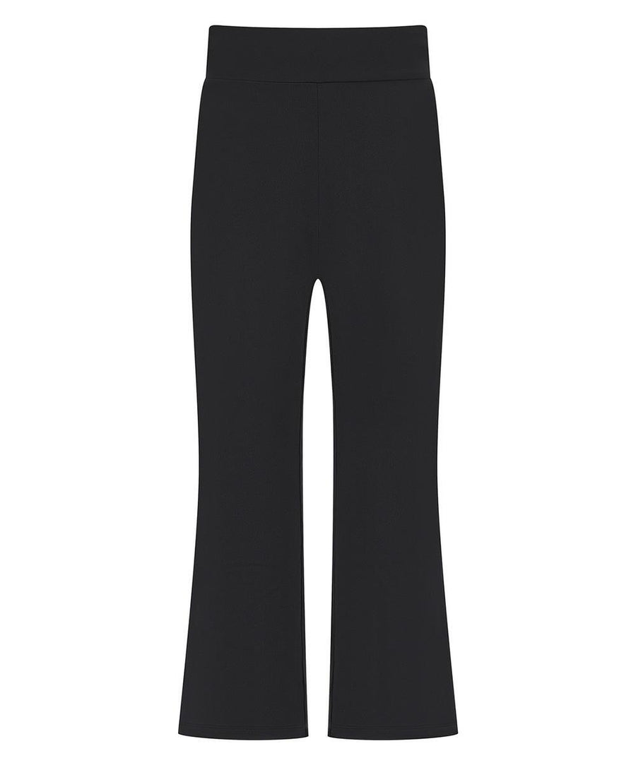 A pair of black leggings with a high waistband and slightly flared legs, displayed against a white background.