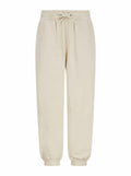 The SM430 by SF Minni features beige jogger pants equipped with an elastic waistband and drawstring. These pants offer a comfortable, relaxed fit and have elastic cuffs at the ankles.