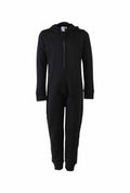 The SM470 by Skinnifit is a black full-body onesie featuring a hood, front zipper, long sleeves, and pockets.